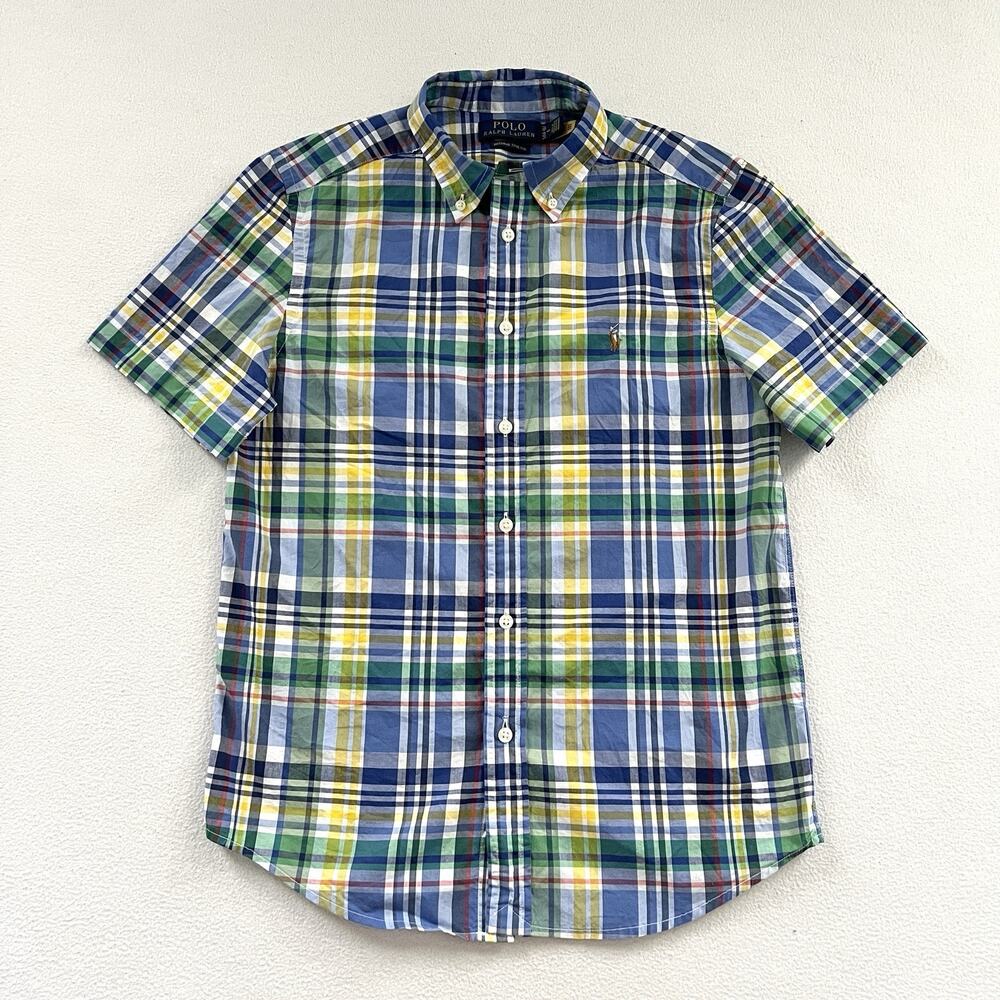POLO Ralph Lauren Boy Blue Yellow Green Plaid Short Sleeve Button Cotton Shirt L